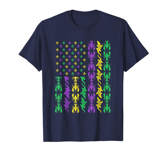Mardi Gras USA American Flag Crawfish Alligator Mardi Gras T-Shirt