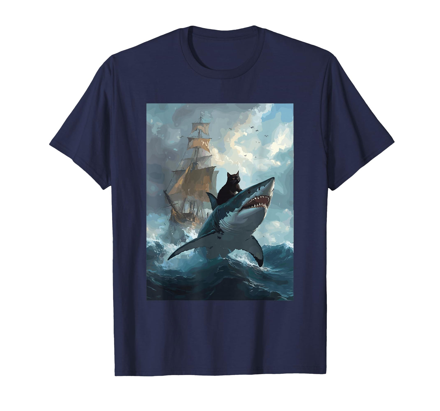 Cat Riding Shark Funny Art and Cat Lover Funny Cat and Shark T-Shirt