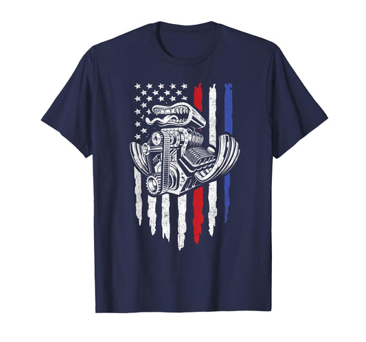 American Flag Muscle Car Motor Hot Rod Engine Drag Racing T-Shirt