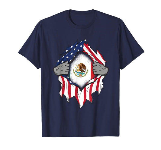 Mexican American Flags Hands Ripping Flag on Chest T-Shirt