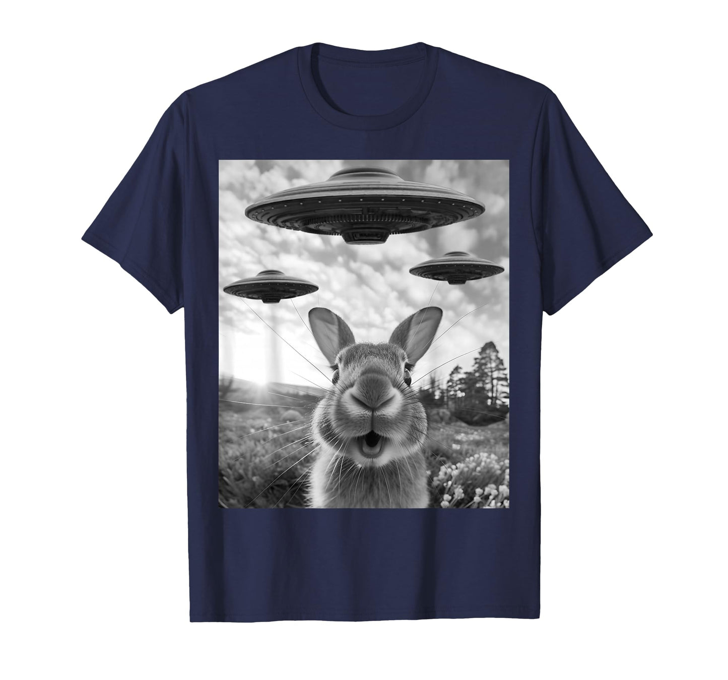 Rabbit Selfie with UFOs Vintage Alien Rabbit T-Shirt
