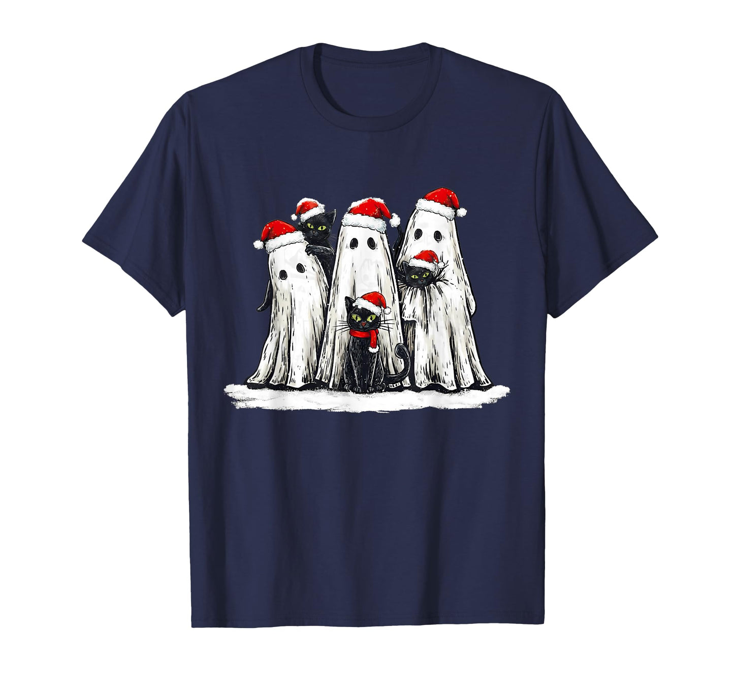Vintage Christmas Ghost Holding Black Cat Groovy T-Shirt
