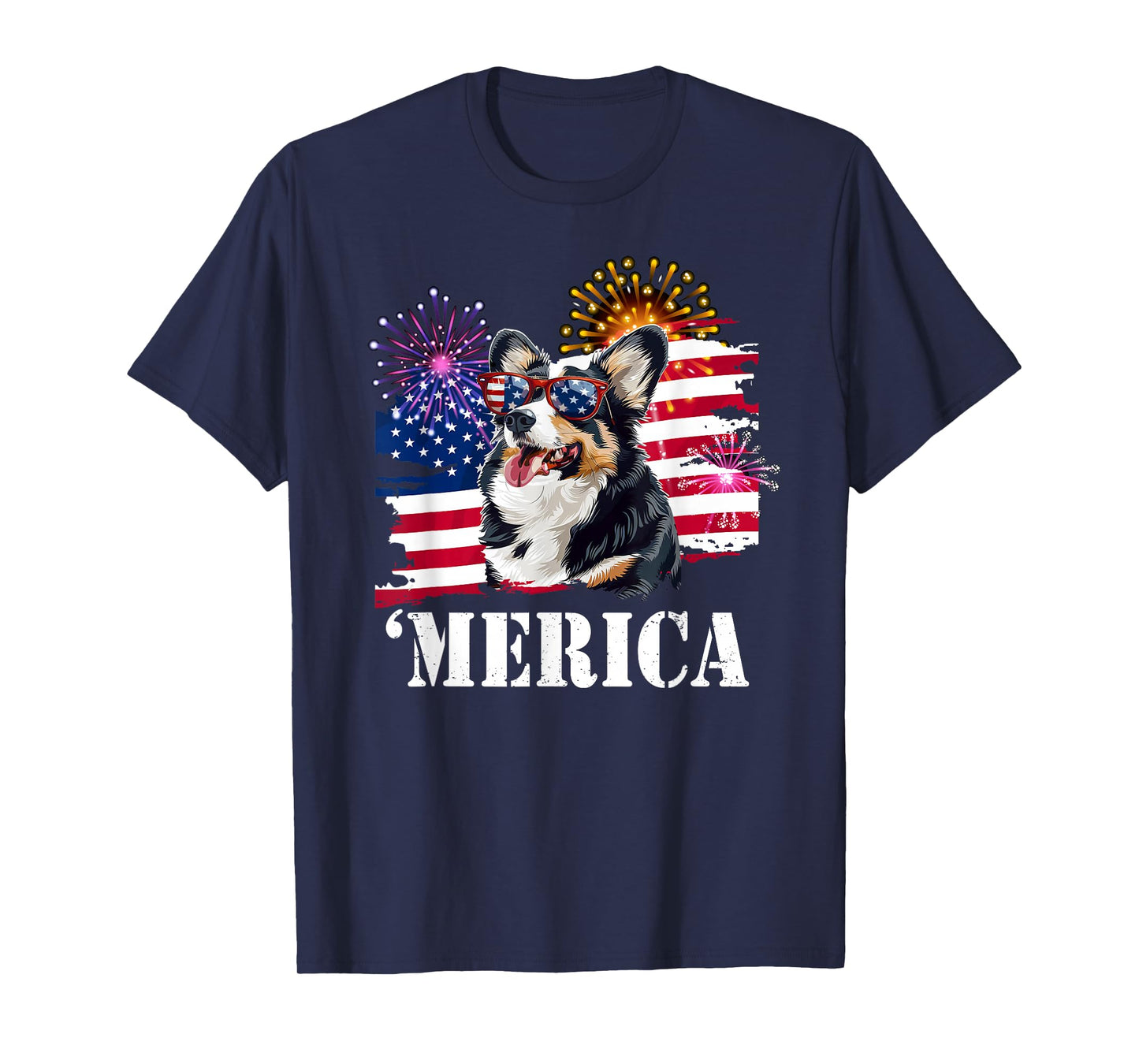 Funny USA Flag 4th 'Merica Black Tricolor Corgi Lover T-Shirt