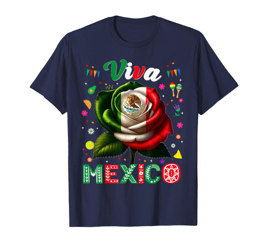 Viva Mexico Flag Rose Flower Independence Day Men Women Kids T-Shirt