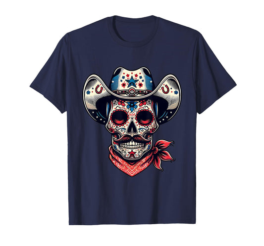 Patriotic Cowboy Hat Sugar Skull 4th of July Women Men Boys T-Shirt