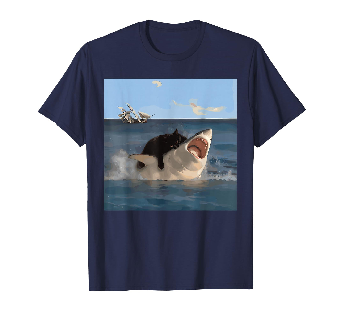 Cat Biting Shark Humorous Playful Funny Cat and Shark T-Shirt, Small, Black