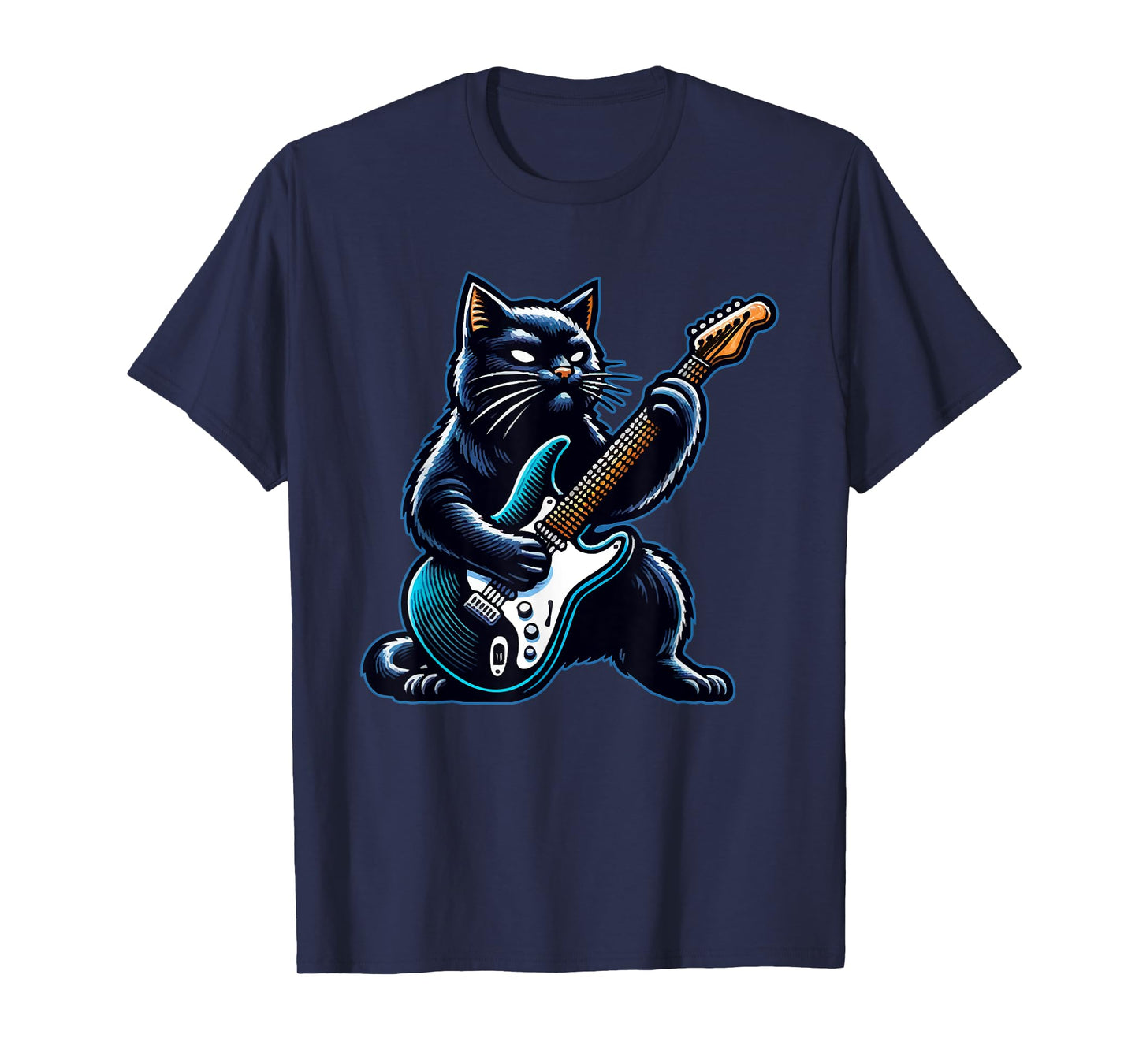 Black Cat Playing Guitar Rock and Roll Rock Star Design T-Shirt