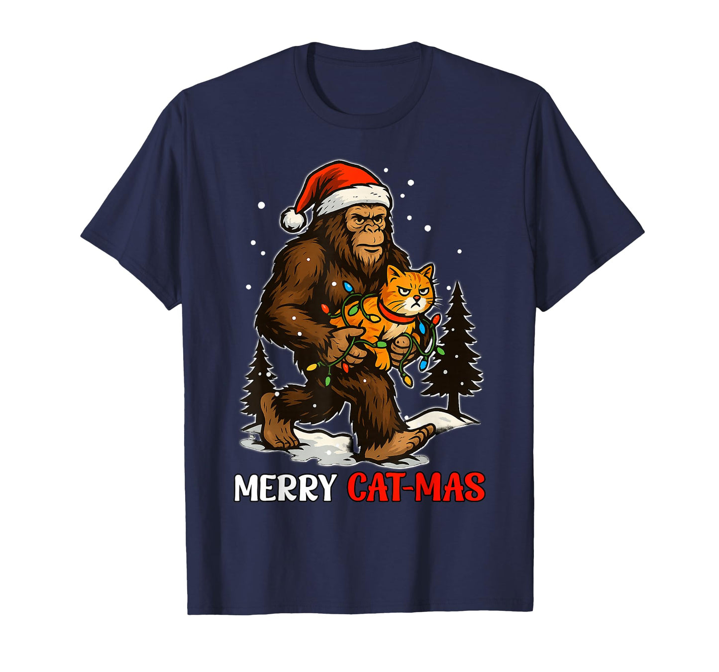 Merry Catmas Bigfoot and Lights Santa Hat Funny Cat Xmas T-Shirt