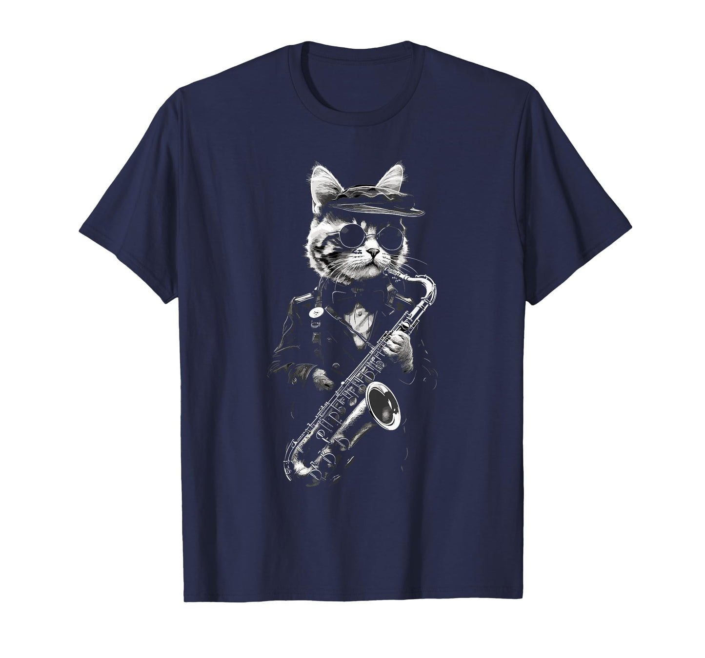 Funny Cat Wearing Sunglasses Playing Clarinet Musician Men Women Kids T-Shirt