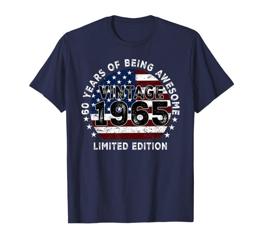 Vintage 1965 American Flag 60th Birthday Gifts 60 Year Old T-Shirt