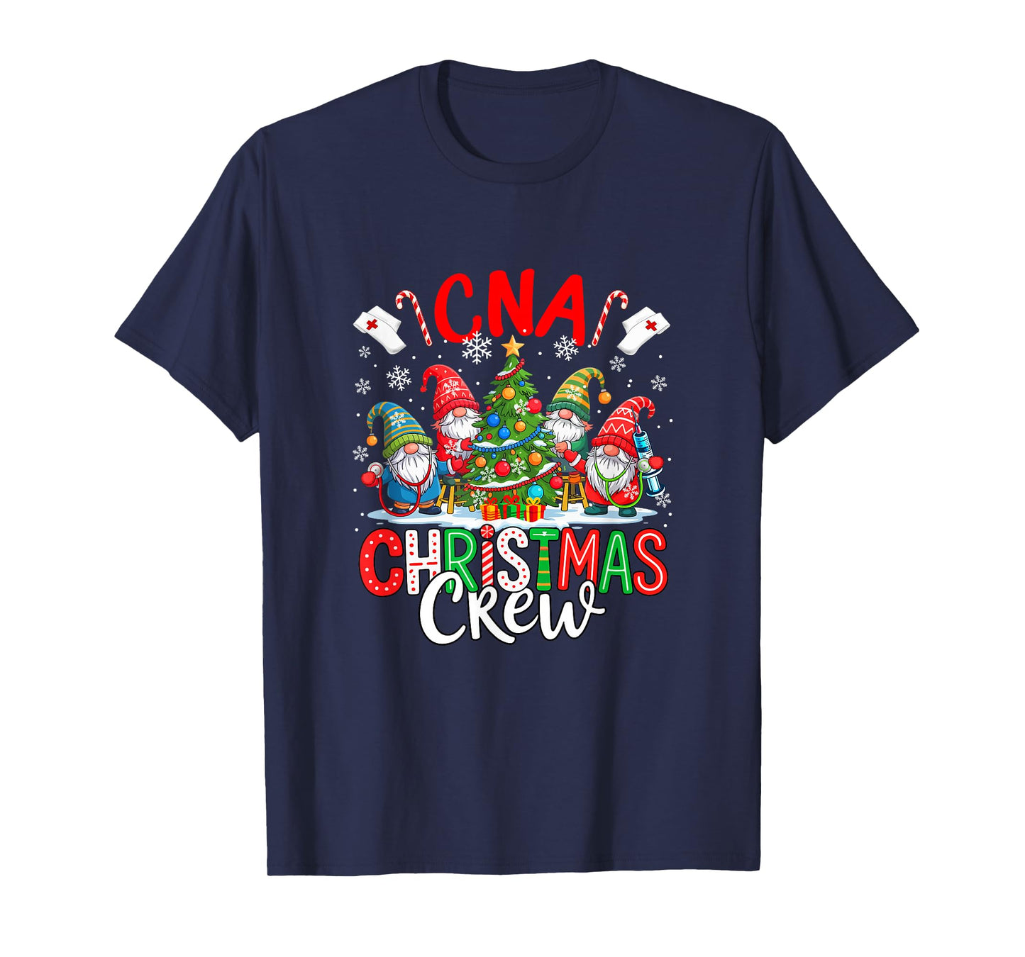 CNA Christmas Crew Group Gnomes Nurses Decorating Xmas Tree T-Shirt
