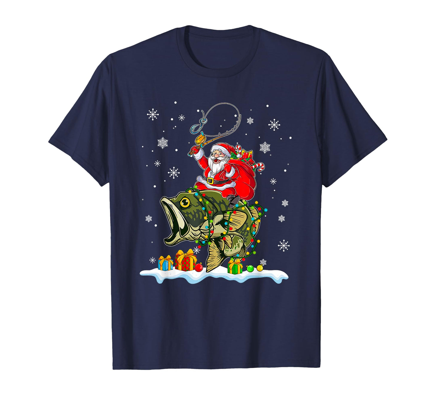 Christmas Bass Fishing Funny Santa Riding Fish Fishermen PJ T-Shirt