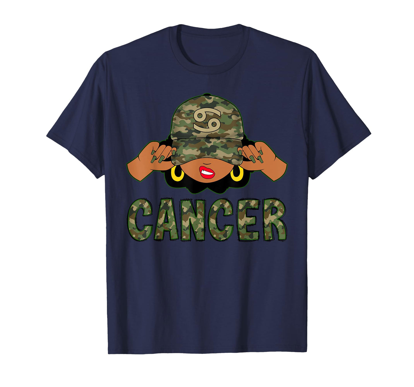 Cancer Queen Black Woman With Camo Cap Afro Girl Zodiac T-Shirt