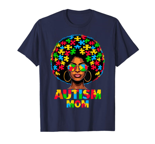 Black Afro Mom American Autism Awareness T-Shirt