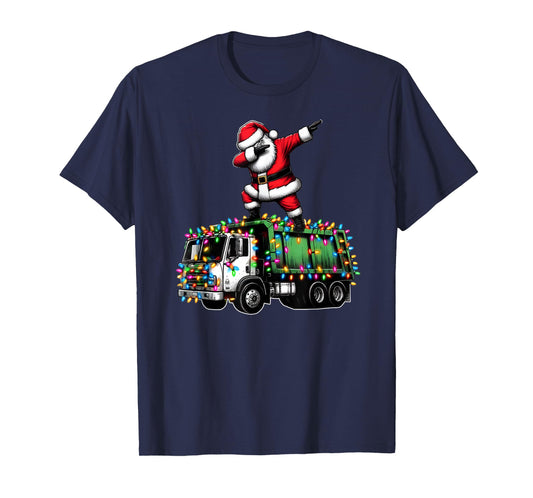 Dabbing Santa Garbage Truck Funny Christmas Lights Graphic T-Shirt