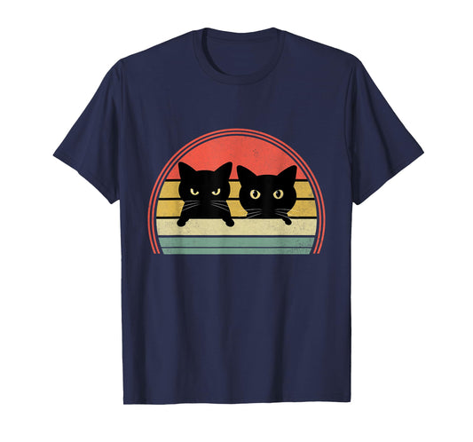 2 Black Cats Peeking Vintage Retro Cat Animal Lover T-Shirt for Men Women Girls Kids