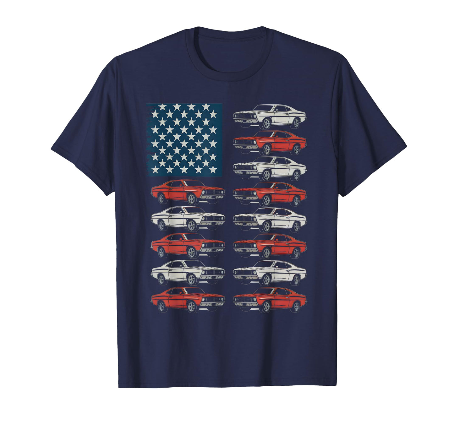 American Flag Classic Muscle Cars Retro Patriotic T-Shirt