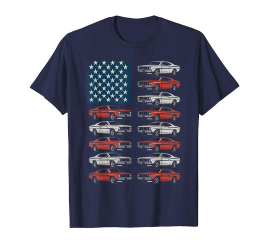 American Flag Classic Muscle Cars Retro Patriotic T-Shirt
