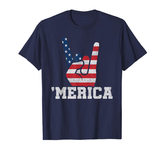 Merica - Rock On Retro Vintage USA American Flag 4th of July T-Shirt