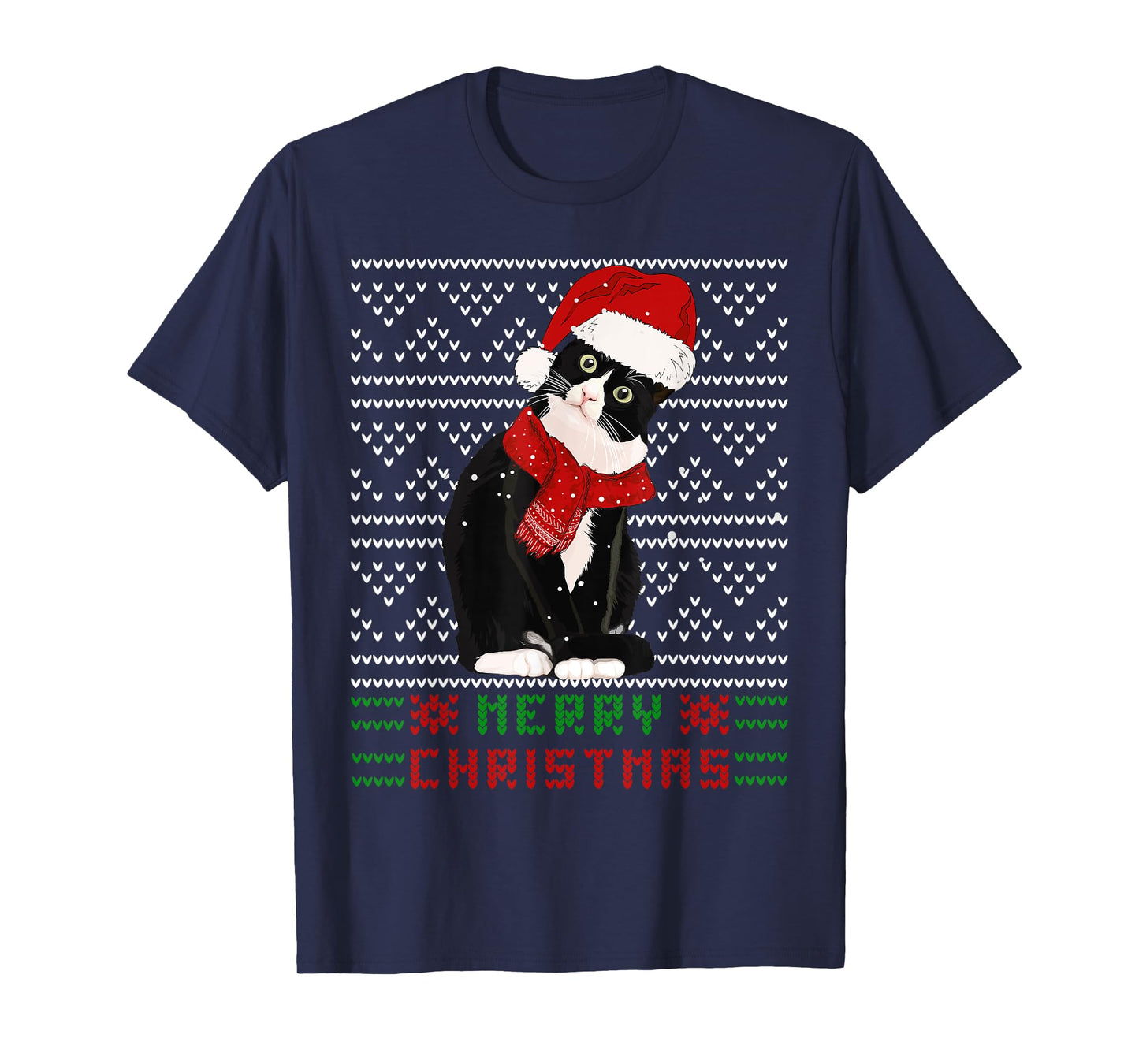 Ugly Christmas Black Cat Santa Hat Scarf Cute Tuxedo Cat Men Women Kids T-Shirt