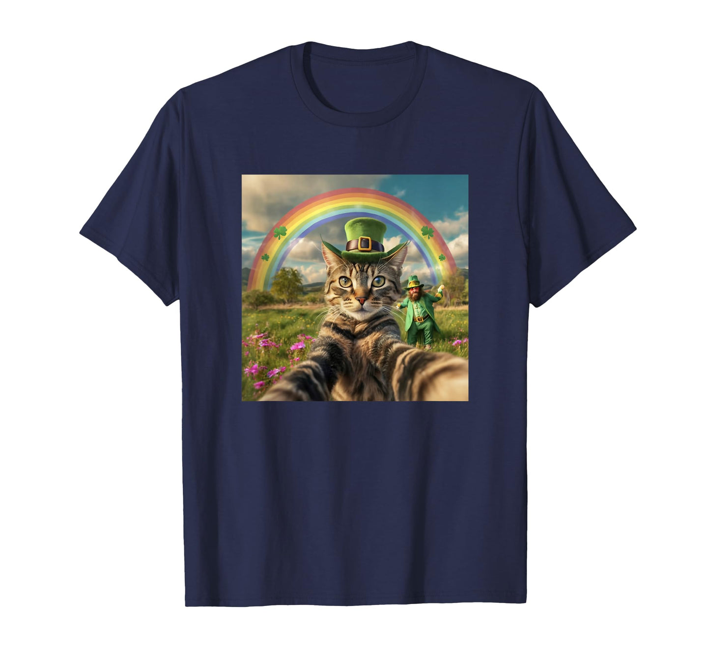 St Patrick's Day Cat Selfie with Leprechaun Funny Photo T-Shirt