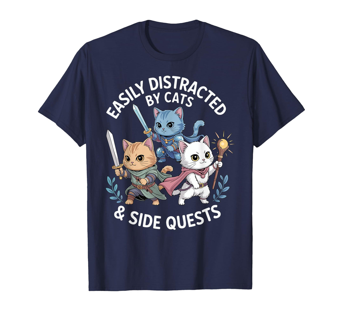 Easily Distracted by Cats & Side Quests Funny Cat Gamer RPG T-Shirt