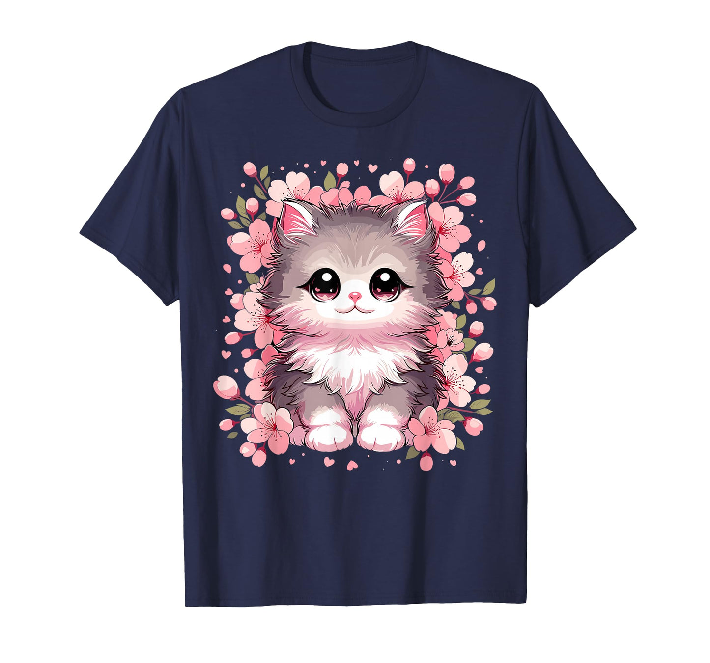 Cute Kawaii Cat With Cherry Blossoms Cat T-Shirt