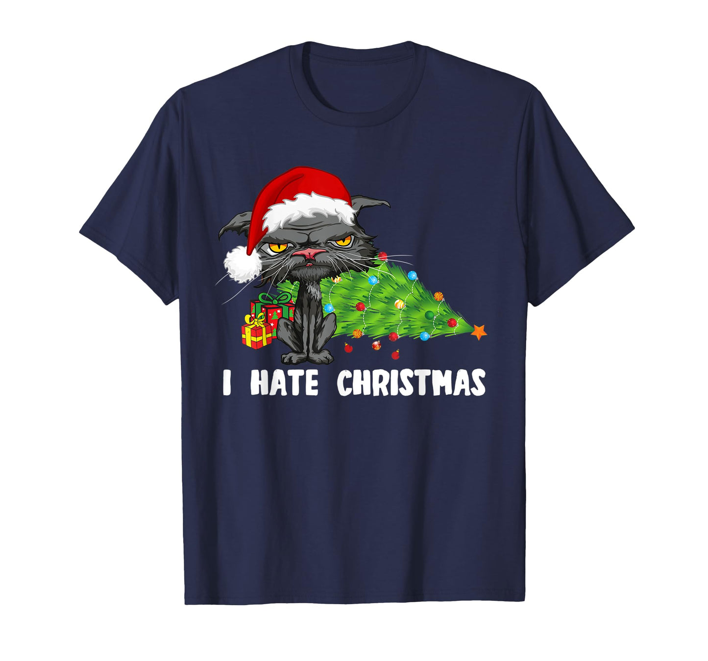 Anti Christmas I Hate Christmas Tree Bored Cat Santa Hat T-Shirt for Men Women Kids