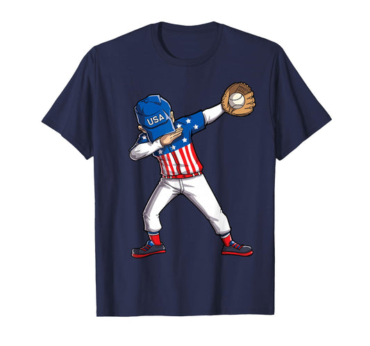 Dabbing Baseball Player 4th of July USA American Flag Boys T-Shirt