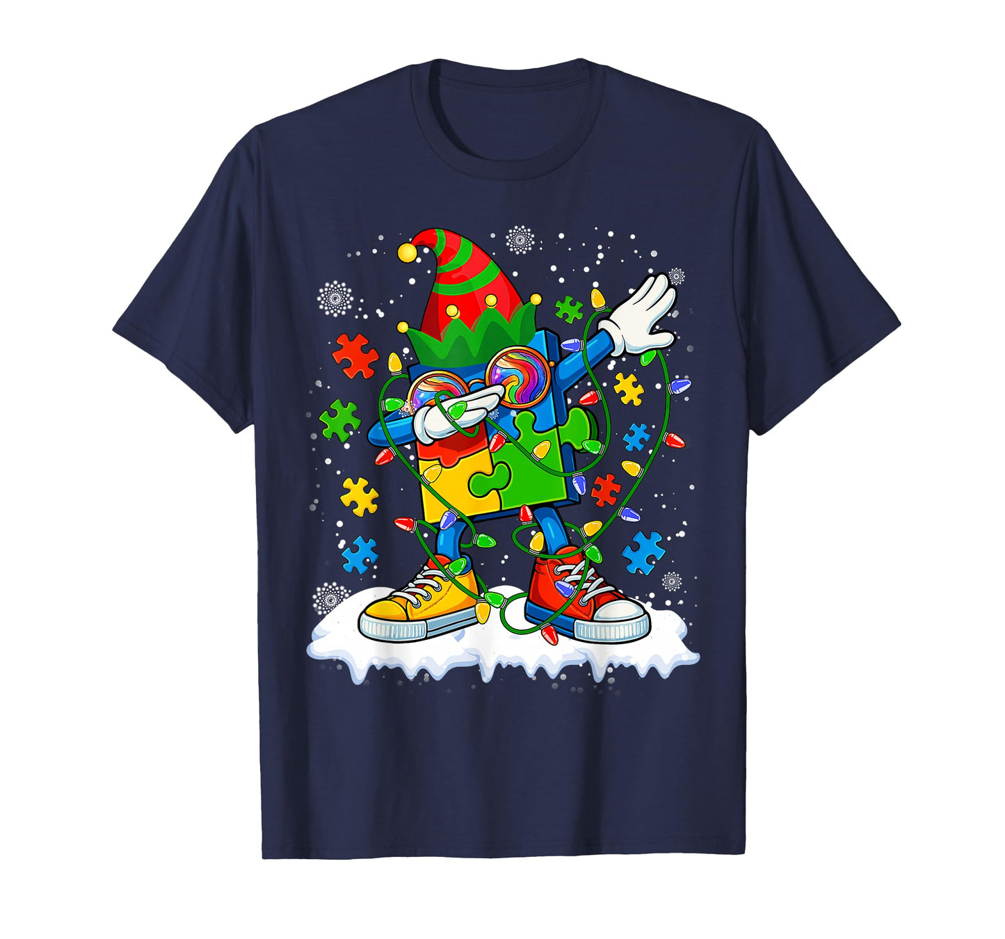 Dabbing Autism Christmas Tree Lights Xmas Men Women Kids T-Shirt