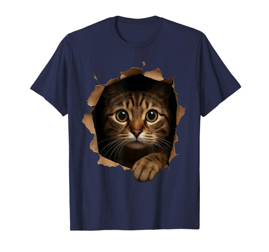 Cute kitten looks from torn fabric Funny Cat Lovers T-Shirt