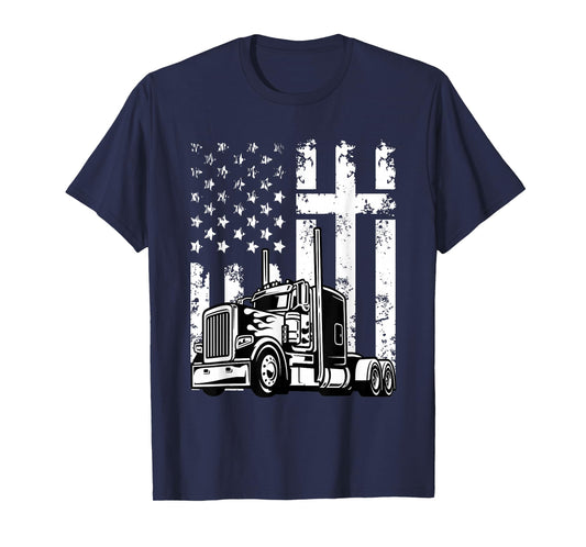 Semi Truck American Flag Christian Truck Driver Patriotic T-Shirt