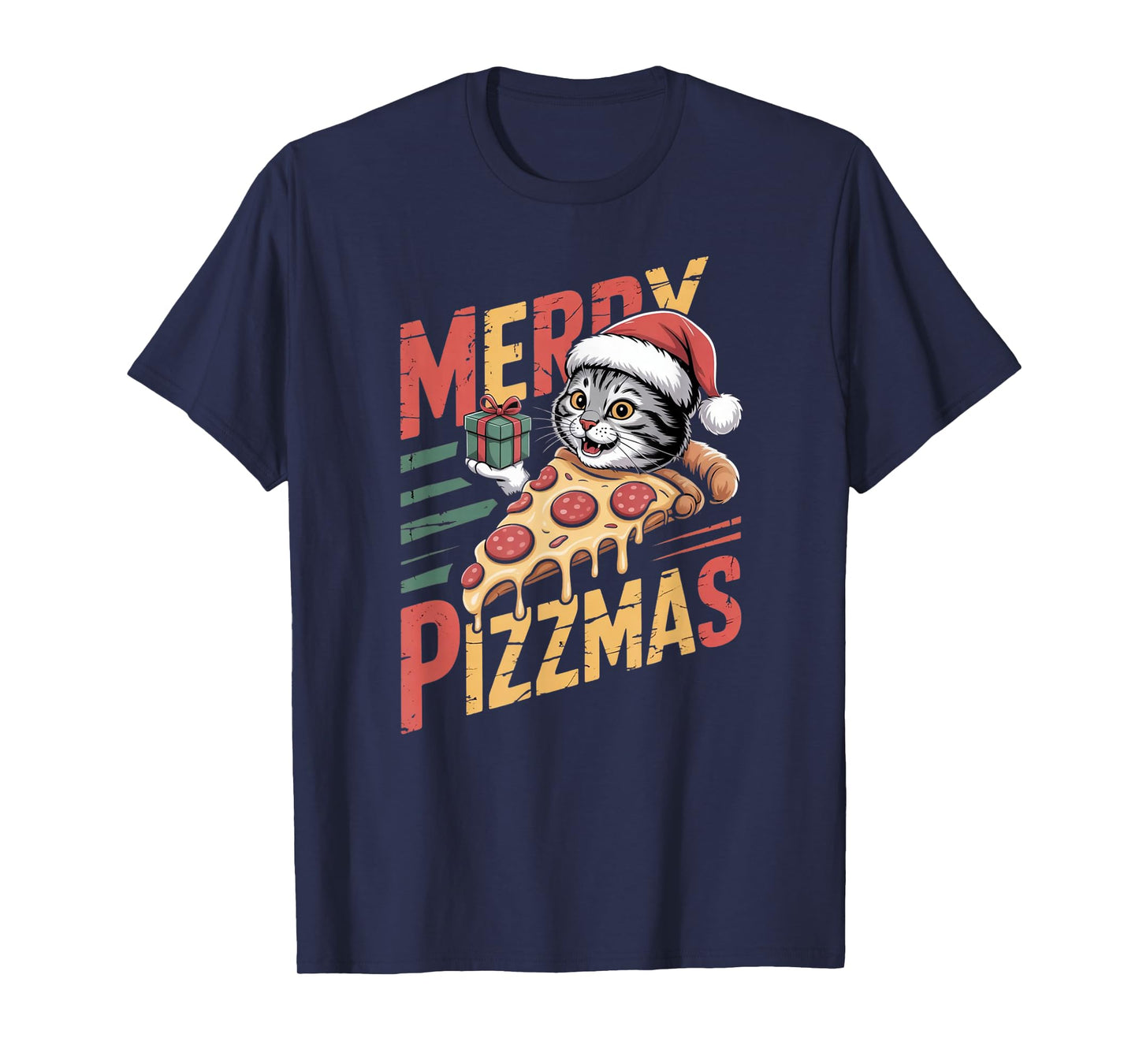 Merry Pizzmas Christmas Cat Funny Pizza Lover Xmas Cat Lover T-Shirt