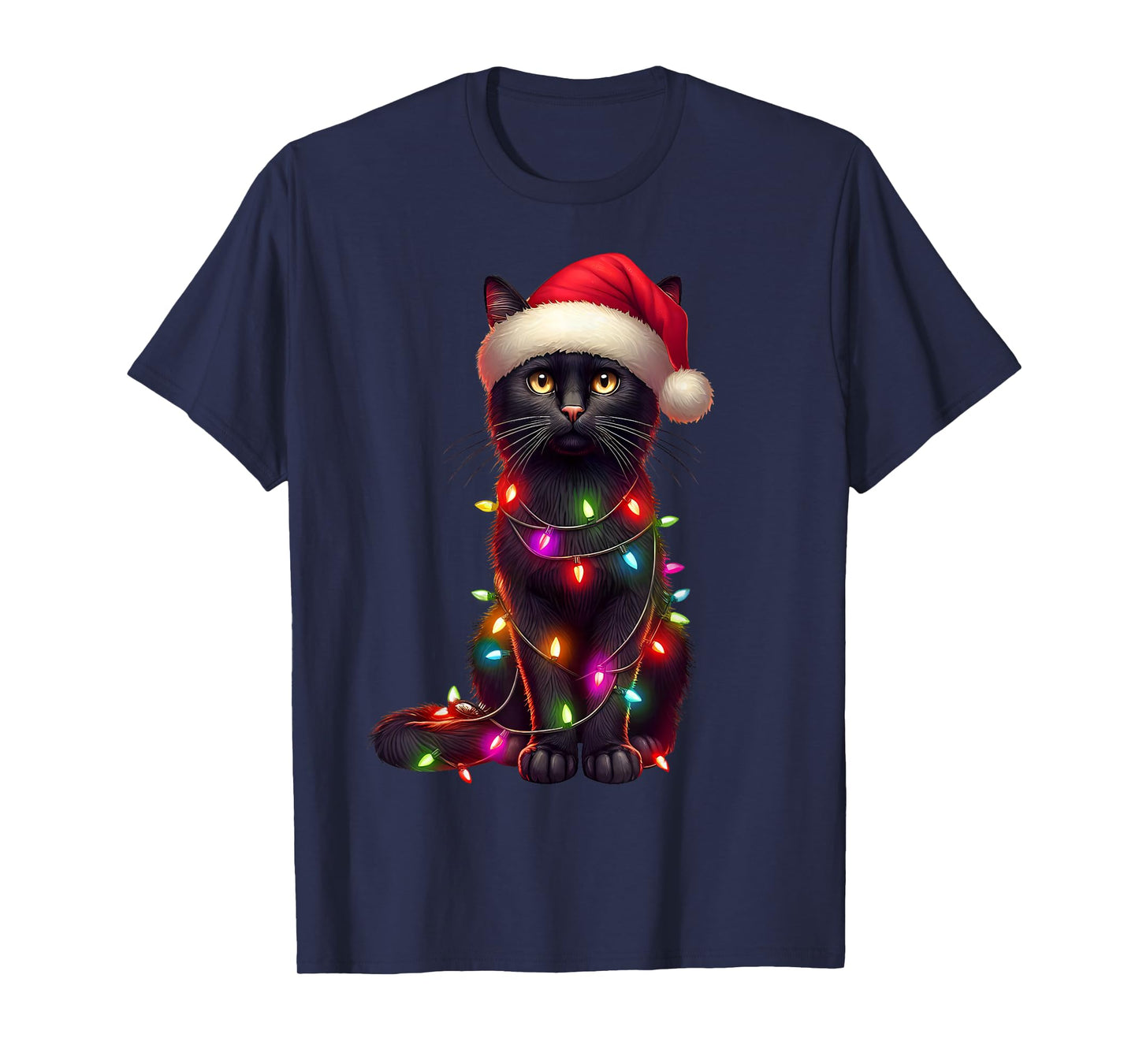 Black Cat Christmas Tree Lights Santa Xmas Pajama Cat Lover T-Shirt