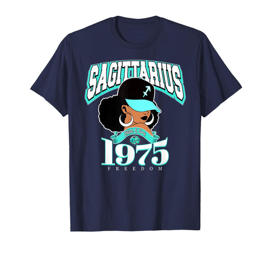 Sagittarius 1975 Melanated Skin Zodiac Traits Queen Diva T-Shirt