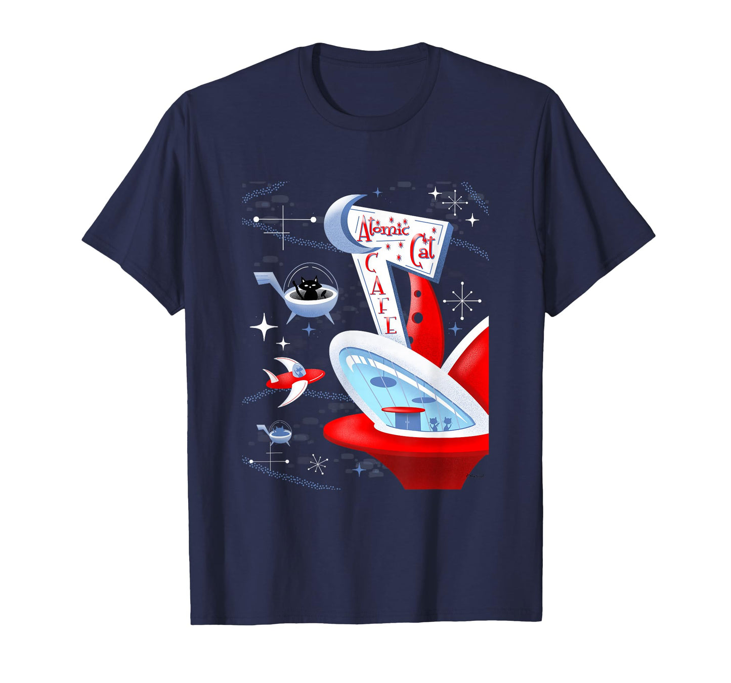 Funny Atomic Cat Cafe Retro Futuristic Spaceport Mid Century T-Shirt