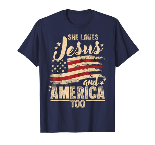 She Love Jesus and America Too 4th of July Christian US Flag T-Shirt