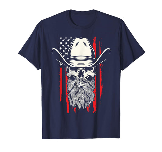 American Bearded Cowboy Skull Flag Distressed Graphic Style T-Shirt
