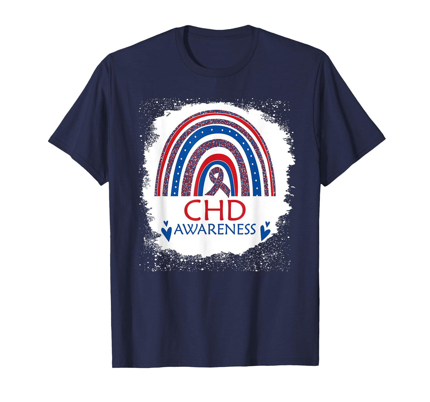 CHD Awareness Heart Disease Bleached Rainbow Blue Red Ribbon T-Shirt
