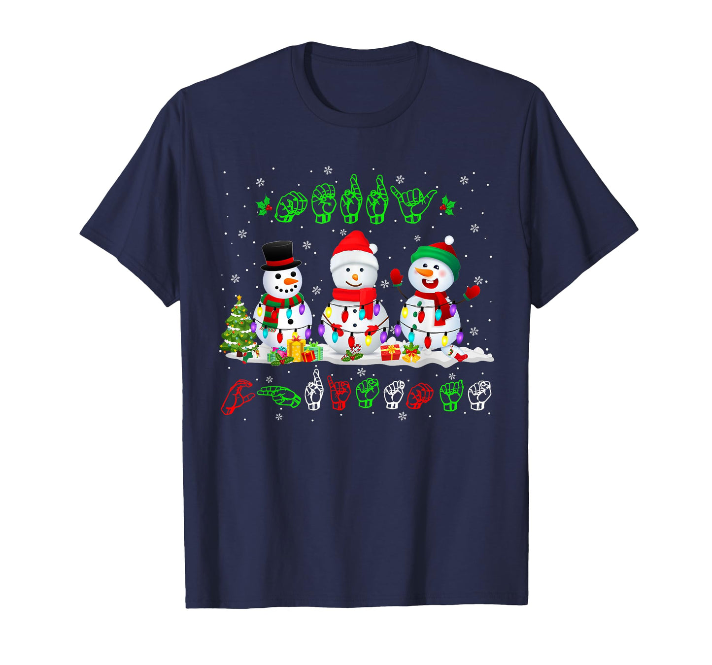Christmas Lights Merry Christmas Snowman ASL Sign Language T-Shirt