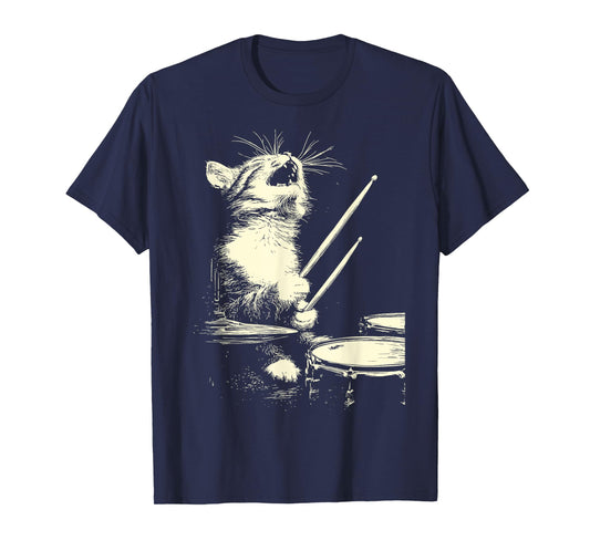 Cute Tabby Cat Playing Drums Funny Music Feline Drummer T-Shirt