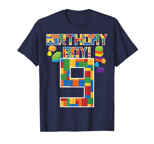 Cute 9th Birthday Gift 9 Years Old Block Building Boys Kids T-Shirt