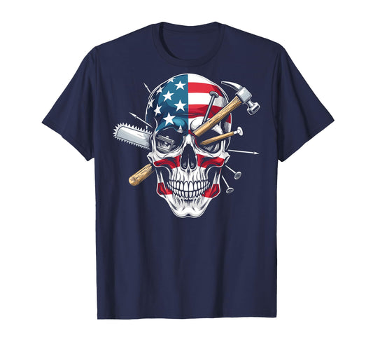 Carpenter skull American flag carpenter saw hammer on back T-Shirt