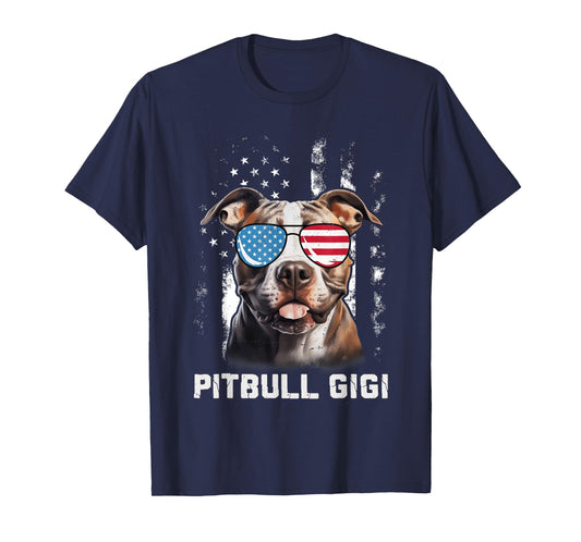 Pitbull Gigi American Flag Sunglasses 4th Of July Dog Men Women Kids T-Shirt
