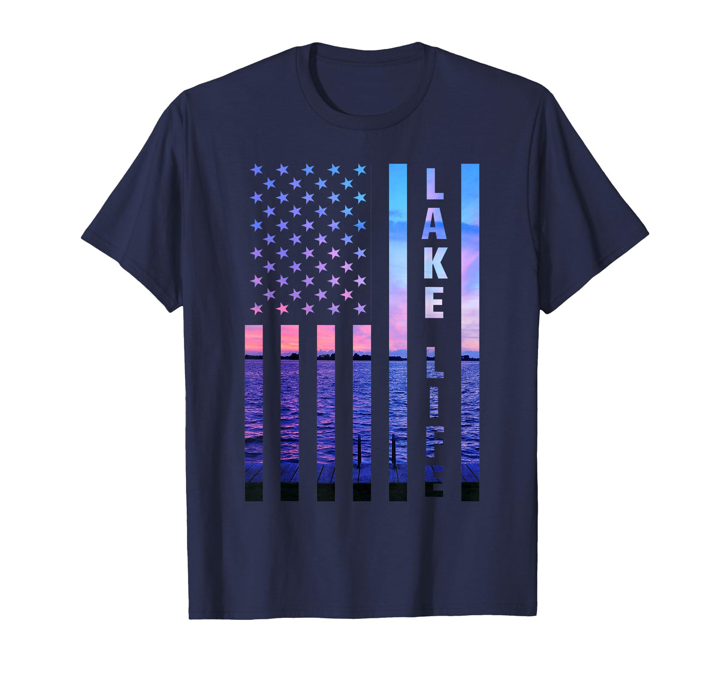 Lake Life American Flag Dock Sunset Wakeboarder Power Boat T-Shirt