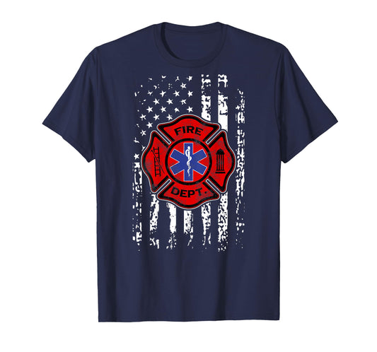 EMT Firefighter Shirt Fireman EMS USA Flag Gift Back Print T-Shirt
