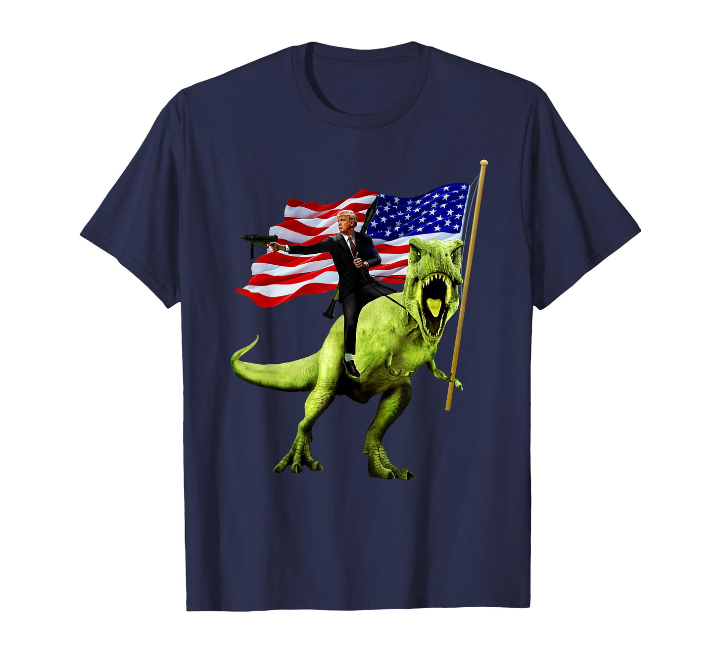 Epic Trump Riding T Rex Holding A Gun With USA Flag Shirt Women Men T-Shirt