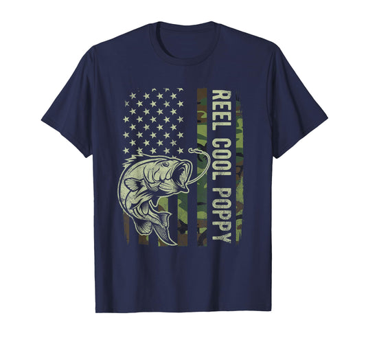 Reel Cool Poppy Camouflage American Flag Fathers Day T-Shirt