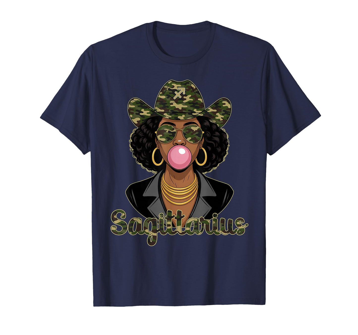 Sagittarius Queen Black Woman Hat Camo Afro Woman Zodiac T-Shirt