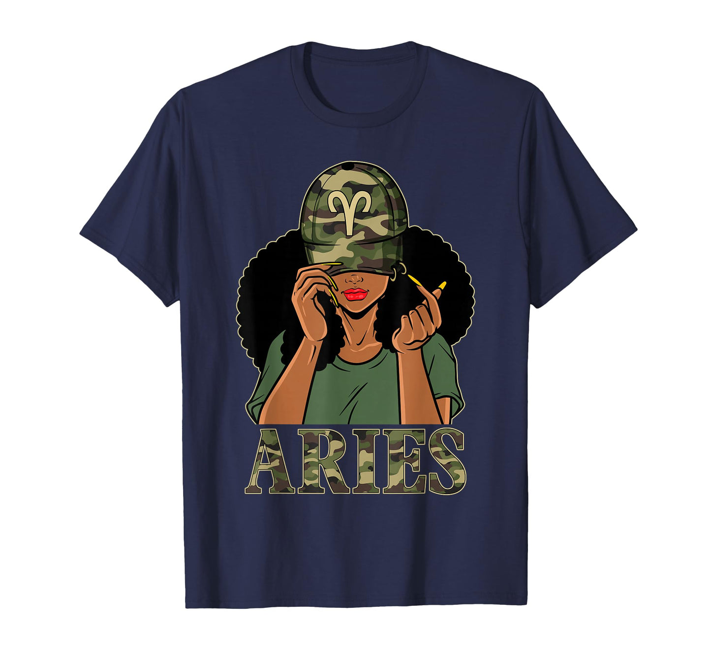 Aries Girl Black Woman With Cap Camo Afro Woman Zodiac T-Shirt